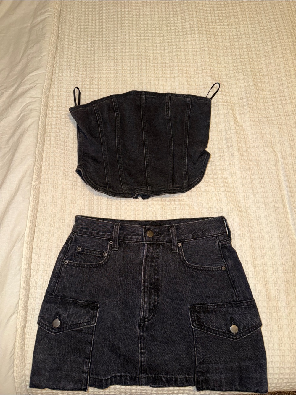 Aritzia Black Denim Corset Crop Top & Cargo Pocket Mini Skirt Set